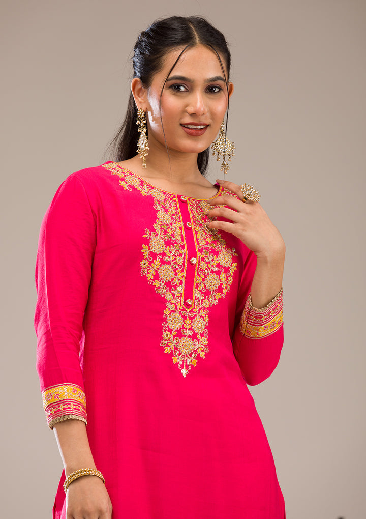 Rani Pink Zariwork Chiffon Readymade Salwar Suit