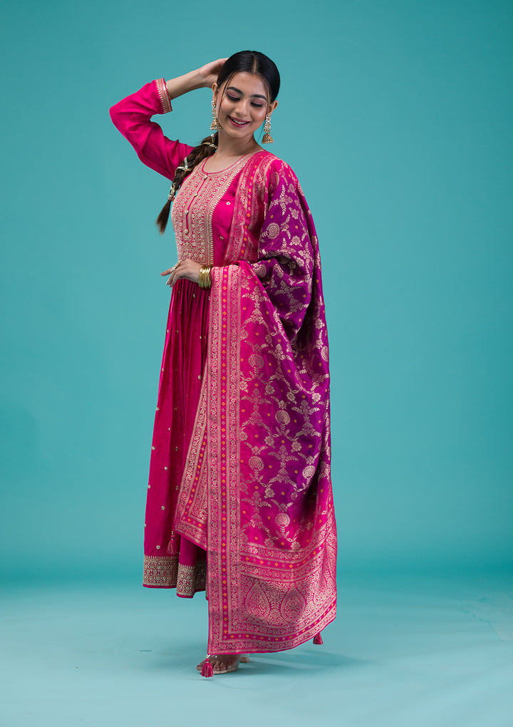 Rani Pink Zariwork Crepe Readymade Anarkali Suit