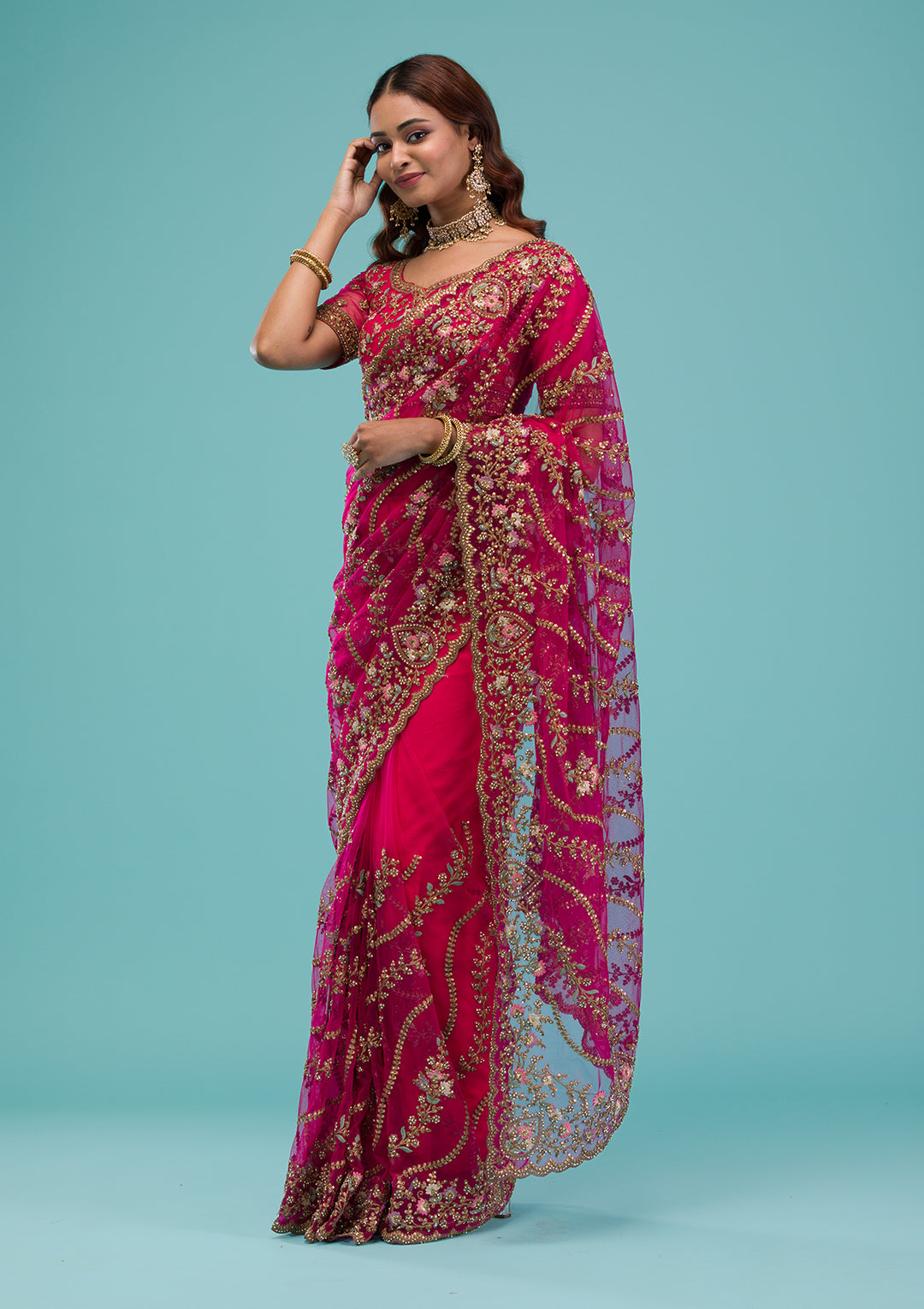 Rani Pink Zariwork Net Saree