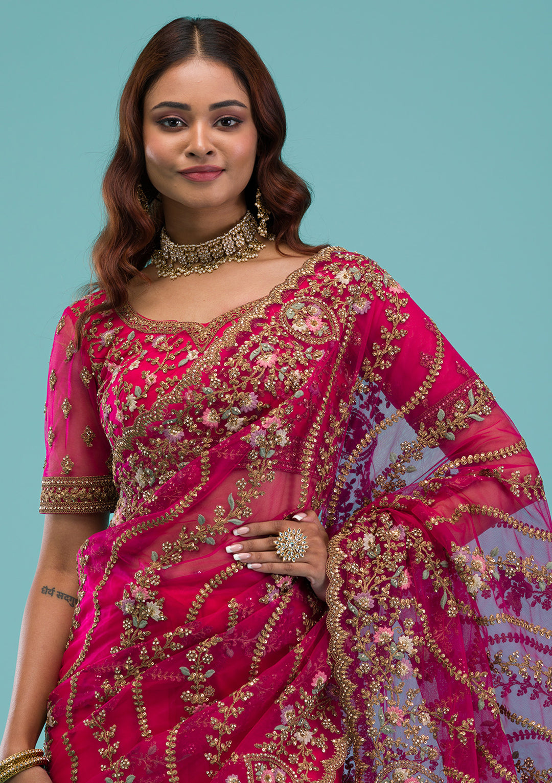 Rani Pink Zariwork Net Saree