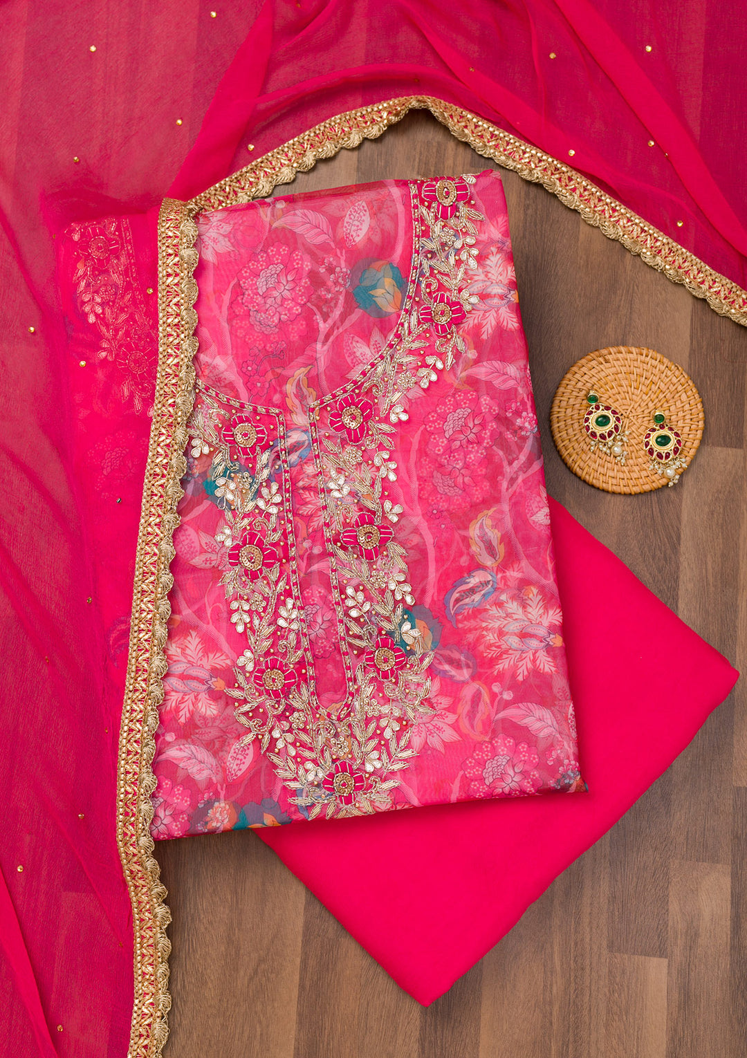 Rani Pink Zariwork Organza Unstitched Salwar Suit