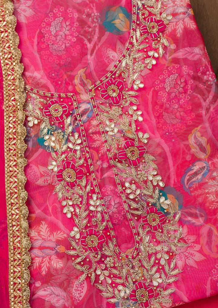 Rani Pink Zariwork Organza Unstitched Salwar Suit