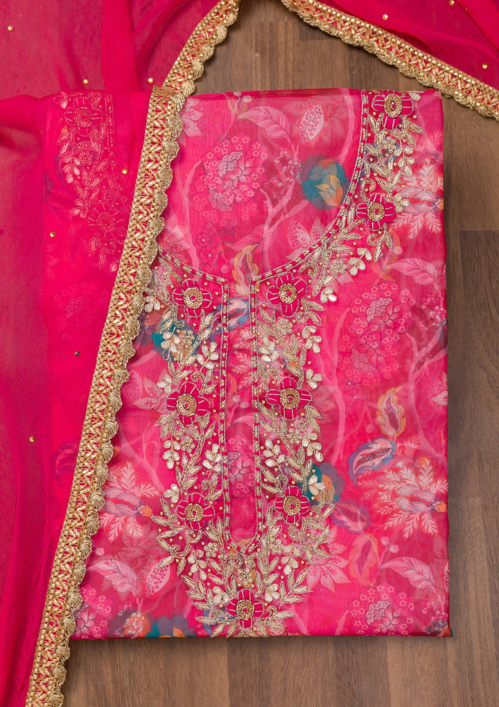 Rani Pink Zariwork Organza Unstitched Salwar Suit