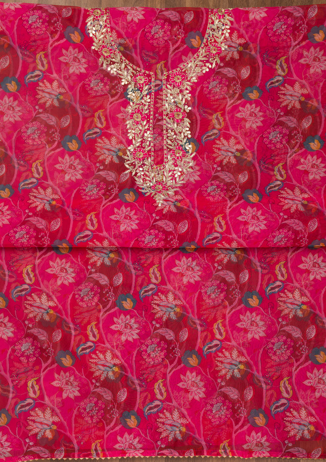 Rani Pink Zariwork Organza Unstitched Salwar Suit