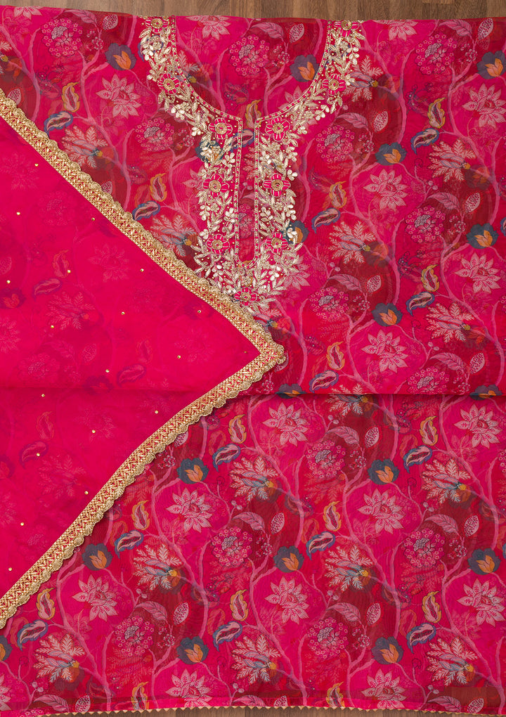 Rani Pink Zariwork Organza Unstitched Salwar Suit