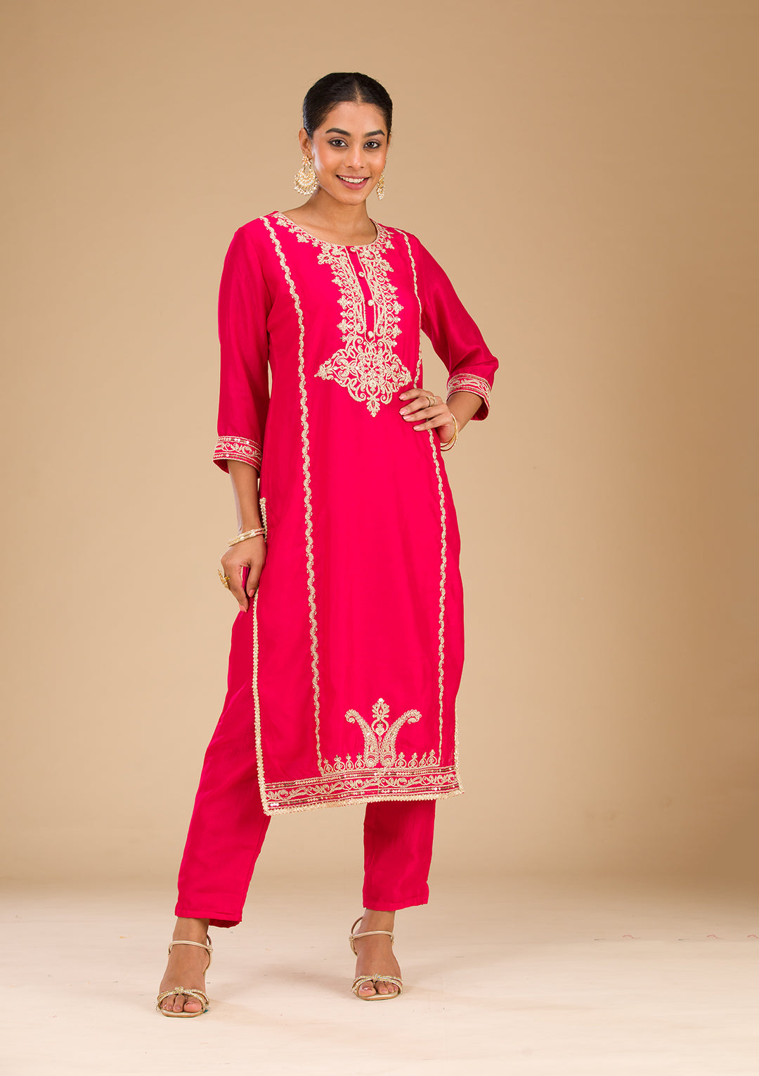 Rani Pink Zariwork Semi Crepe Readymade Salwar Suit