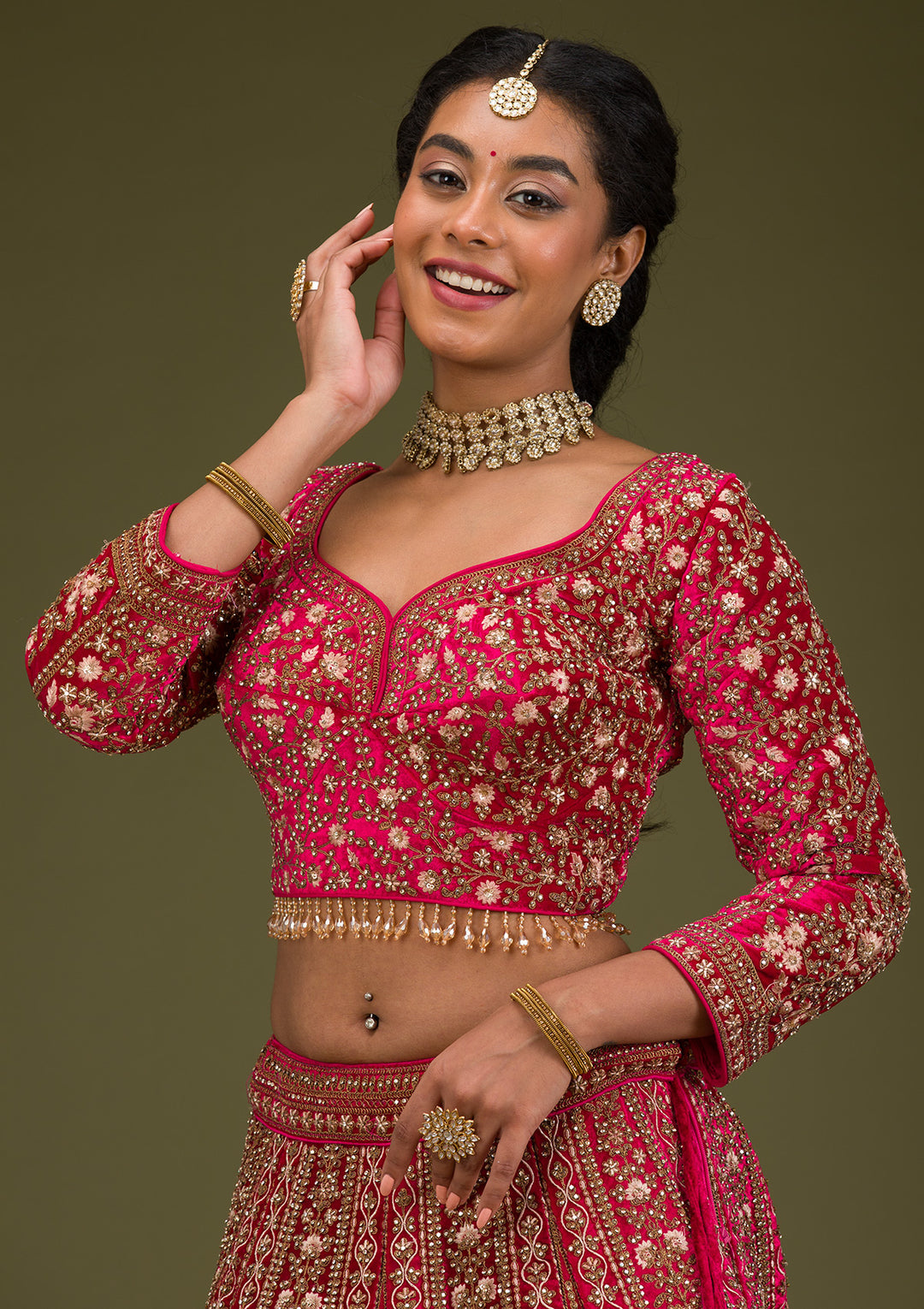 Rani Pink Zariwork Velvet Readymade Lehenga
