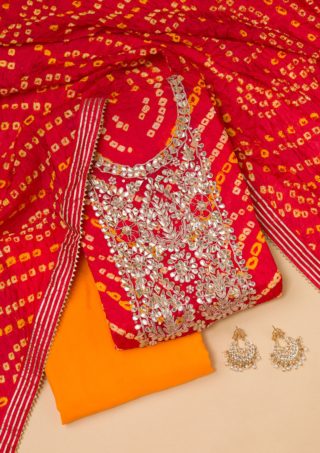 Red Gotapatti Semi Crepe Unstitched Salwar Suit