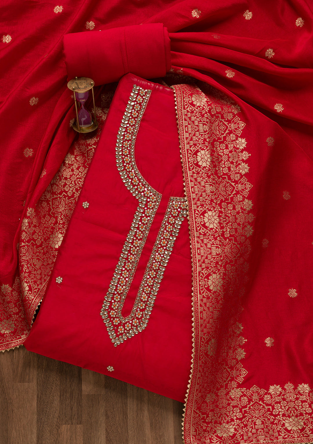 Red Pearlwork Silk Unstitched Salwar Suit