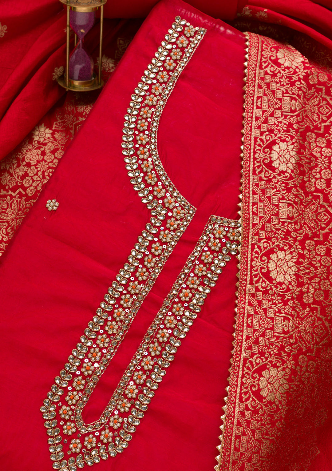 Red Pearlwork Silk Unstitched Salwar Suit