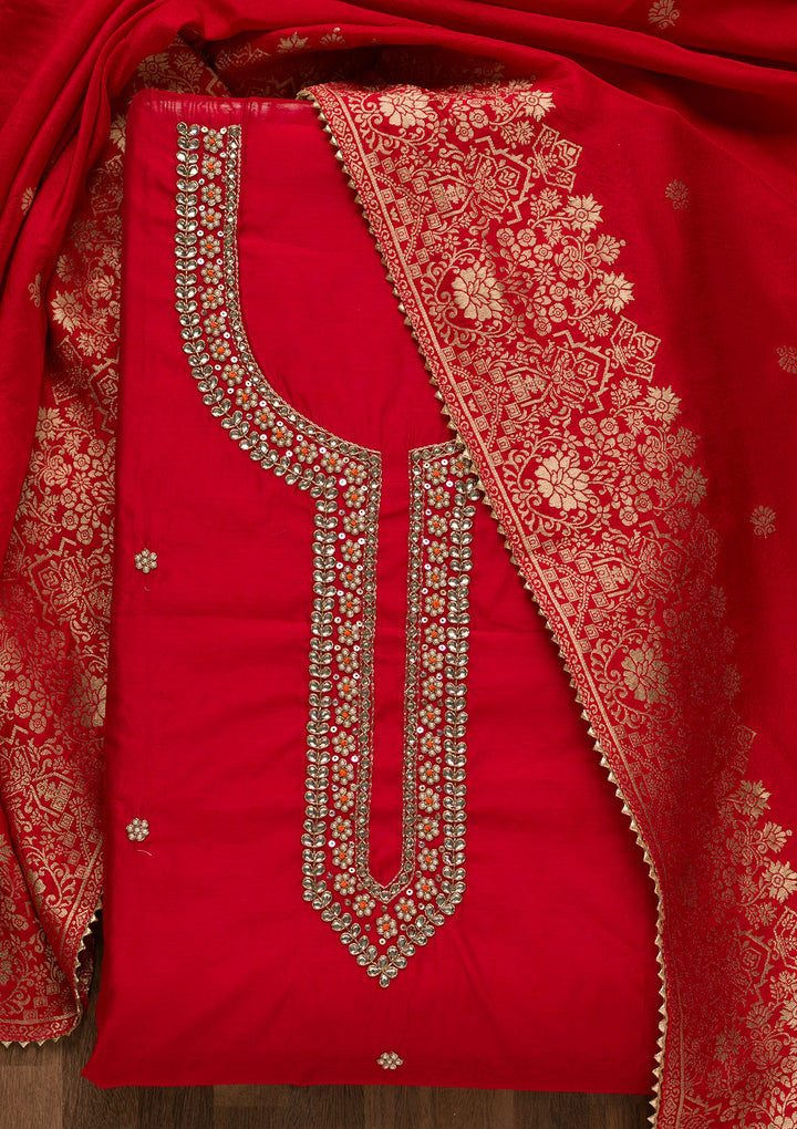 Red Pearlwork Silk Unstitched Salwar Suit