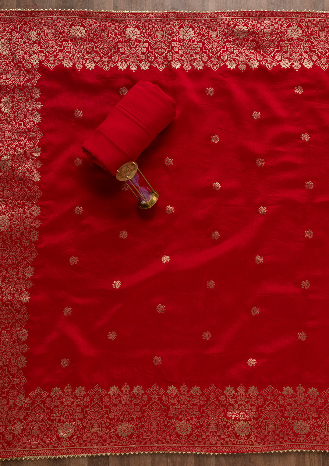 Red Pearlwork Silk Unstitched Salwar Suit