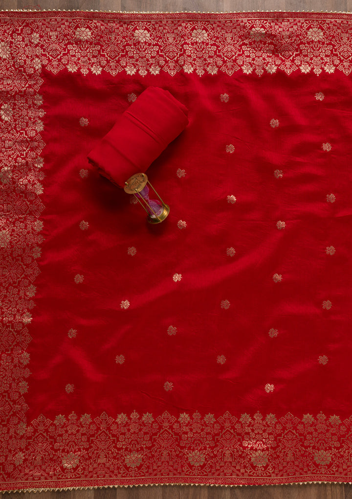 Red Pearlwork Silk Unstitched Salwar Suit