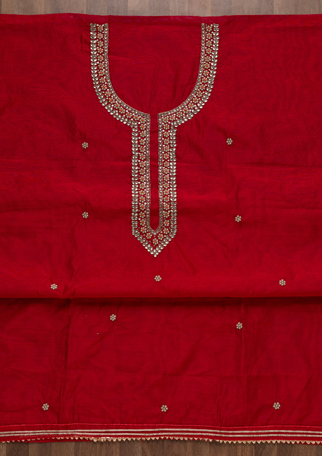 Red Pearlwork Silk Unstitched Salwar Suit