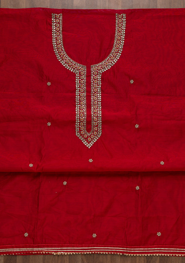 Red Pearlwork Silk Unstitched Salwar Suit