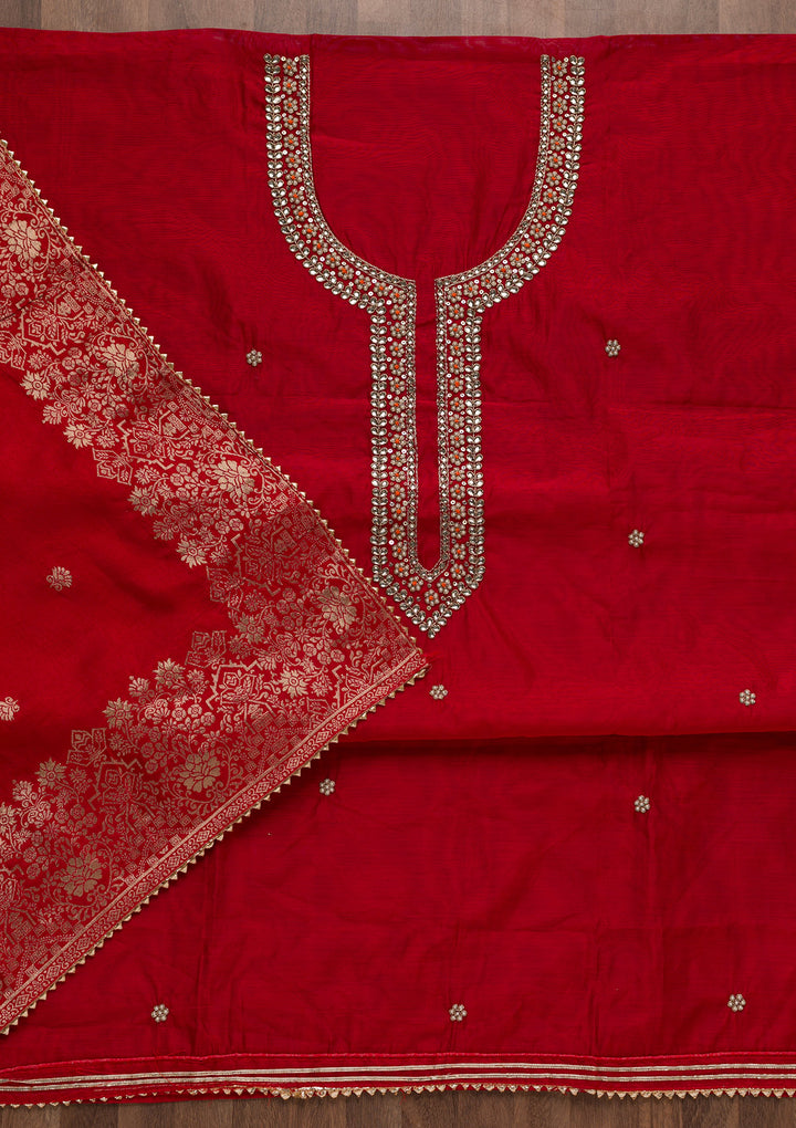 Red Pearlwork Silk Unstitched Salwar Suit