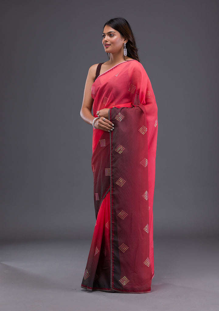 Red Swarovski Satin Saree