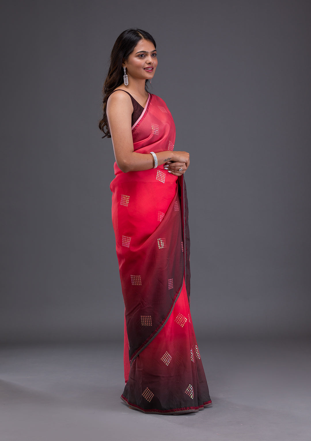 Red Swarovski Satin Saree