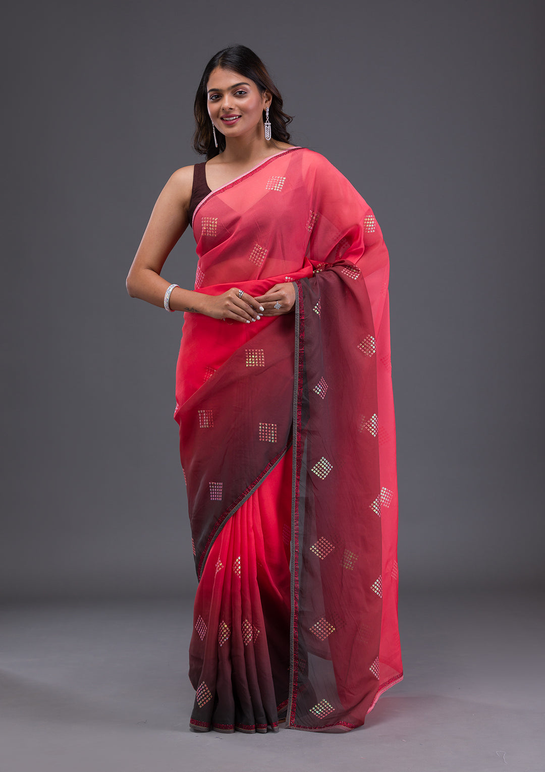 Red Swarovski Satin Saree