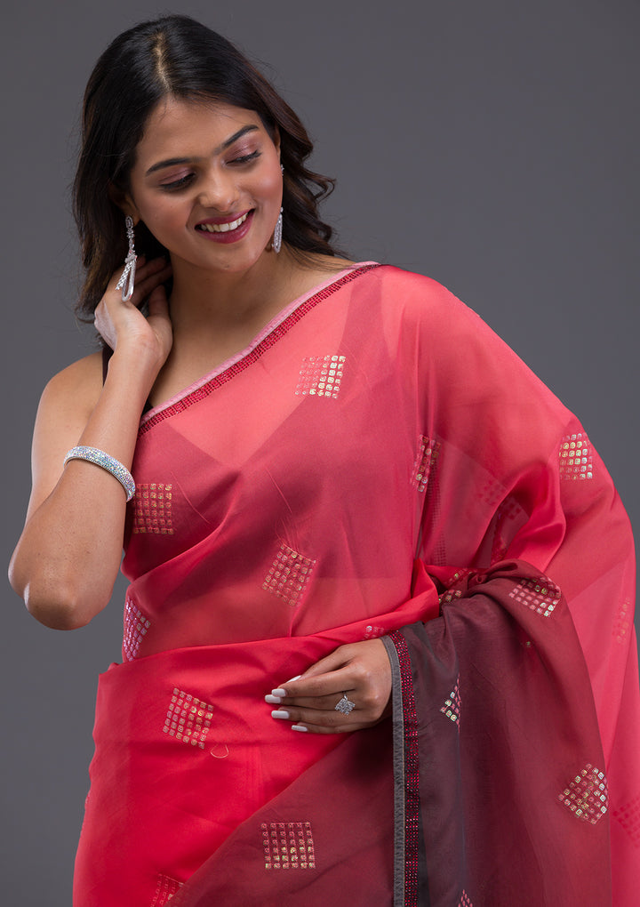 Red Swarovski Satin Saree