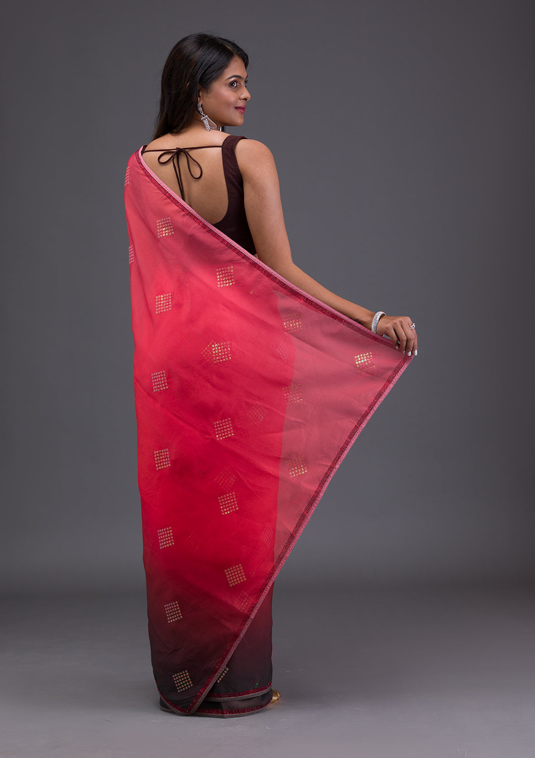 Red Swarovski Satin Saree