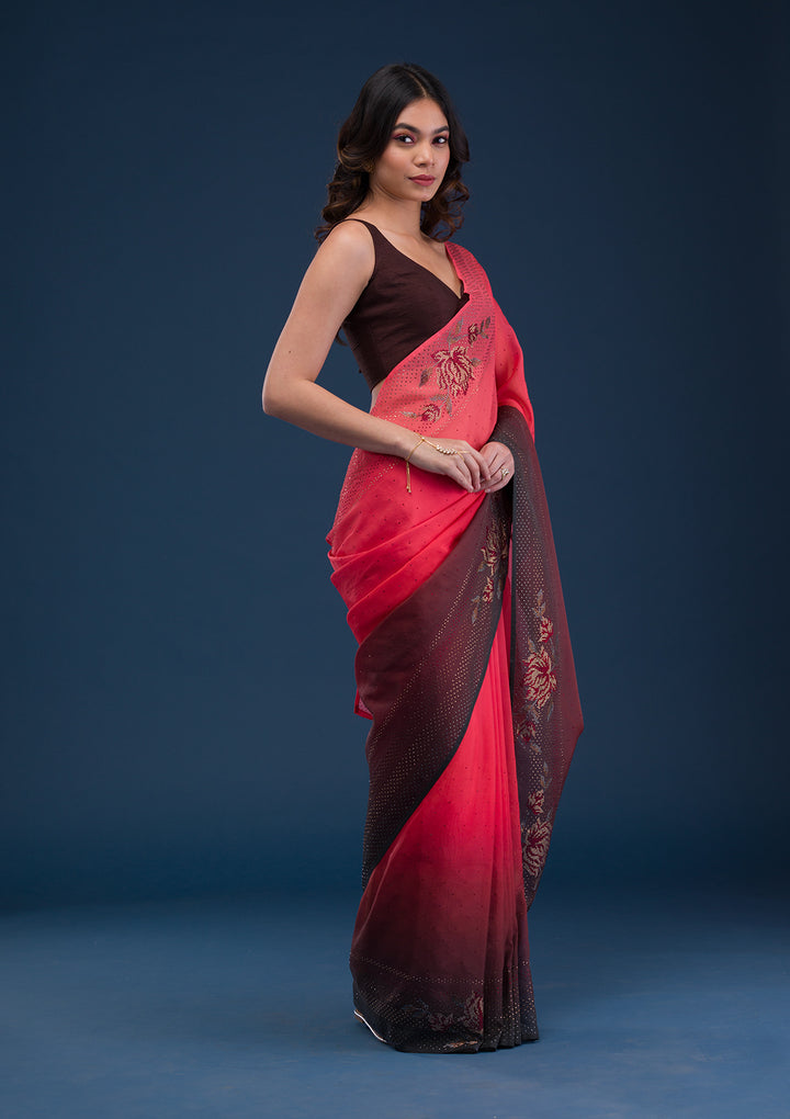 Red Swarovski Satin Saree