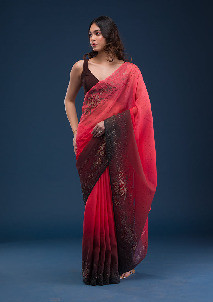 Red Swarovski Satin Saree