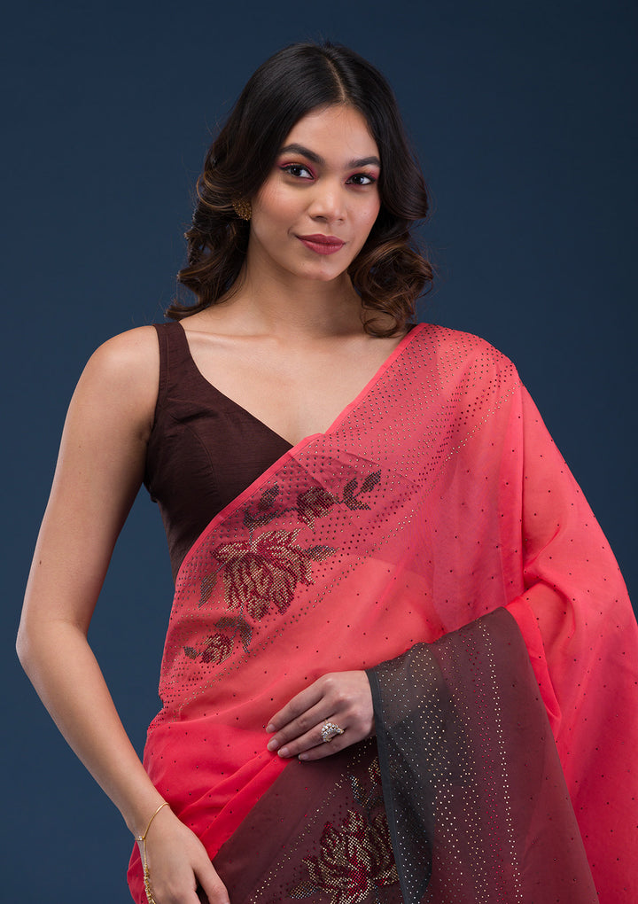 Red Swarovski Satin Saree