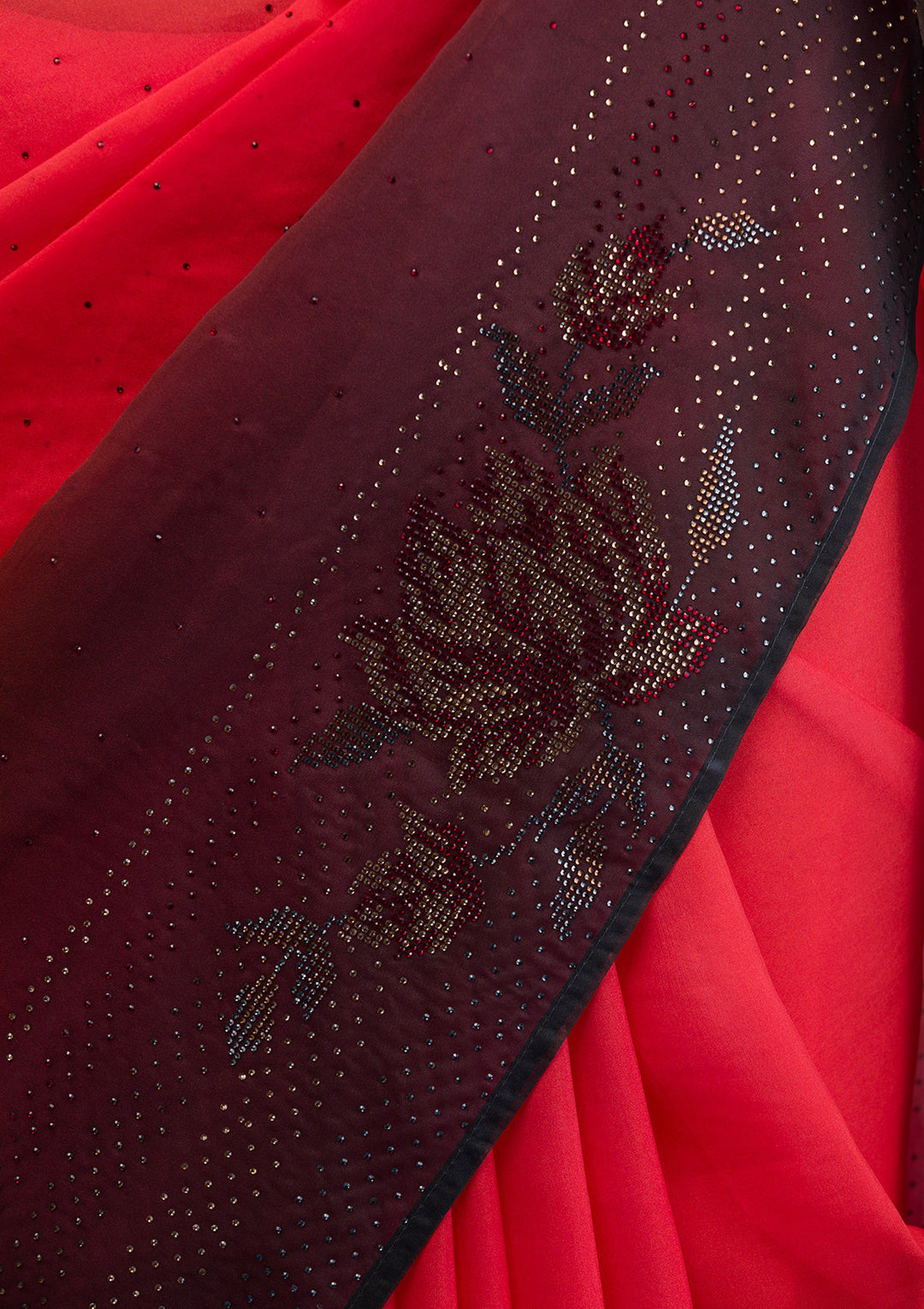 Red Swarovski Satin Saree