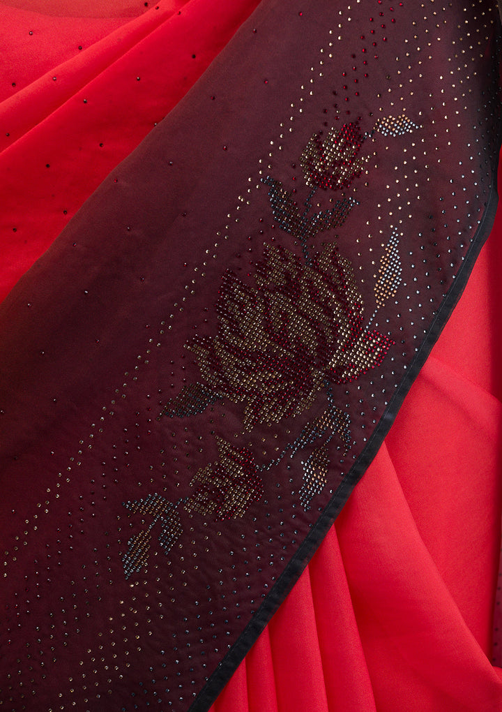 Red Swarovski Satin Saree
