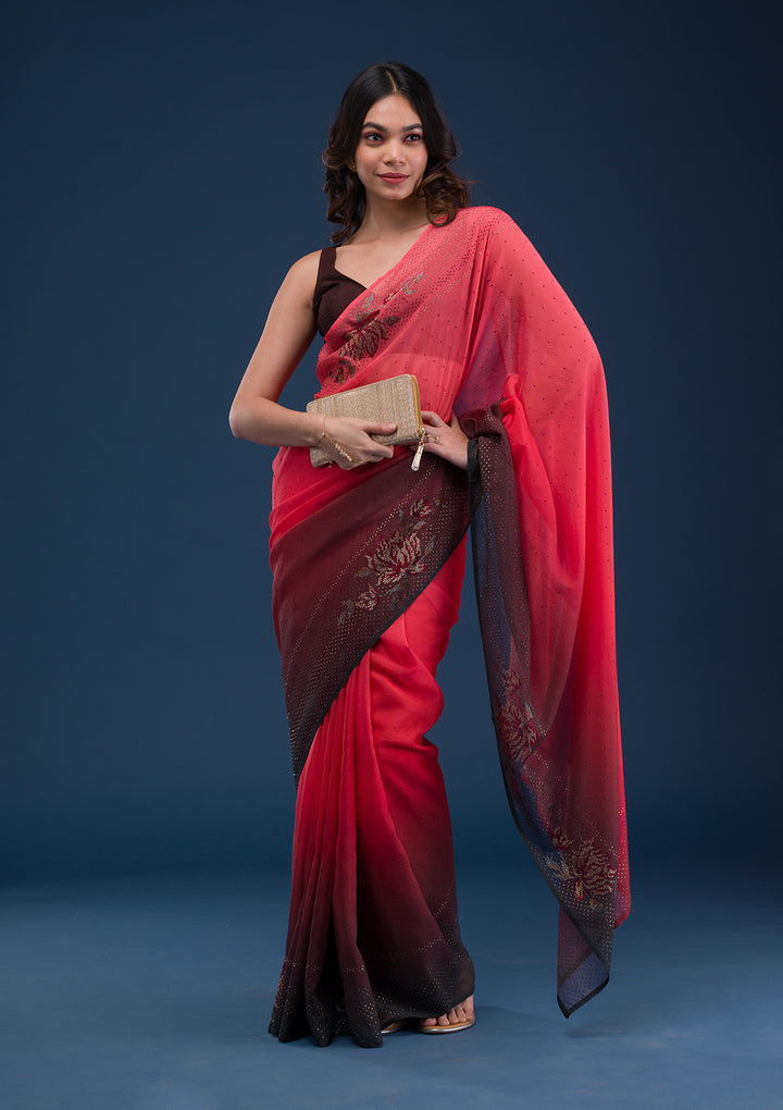 Red Swarovski Satin Saree