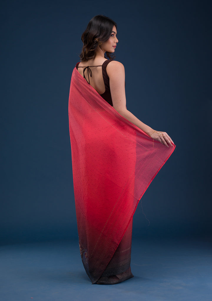Red Swarovski Satin Saree