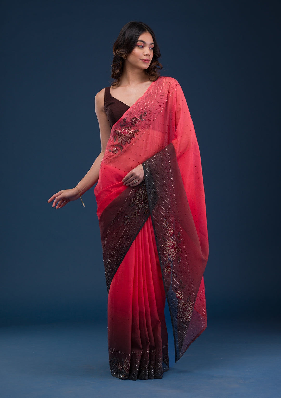 Red Swarovski Satin Saree