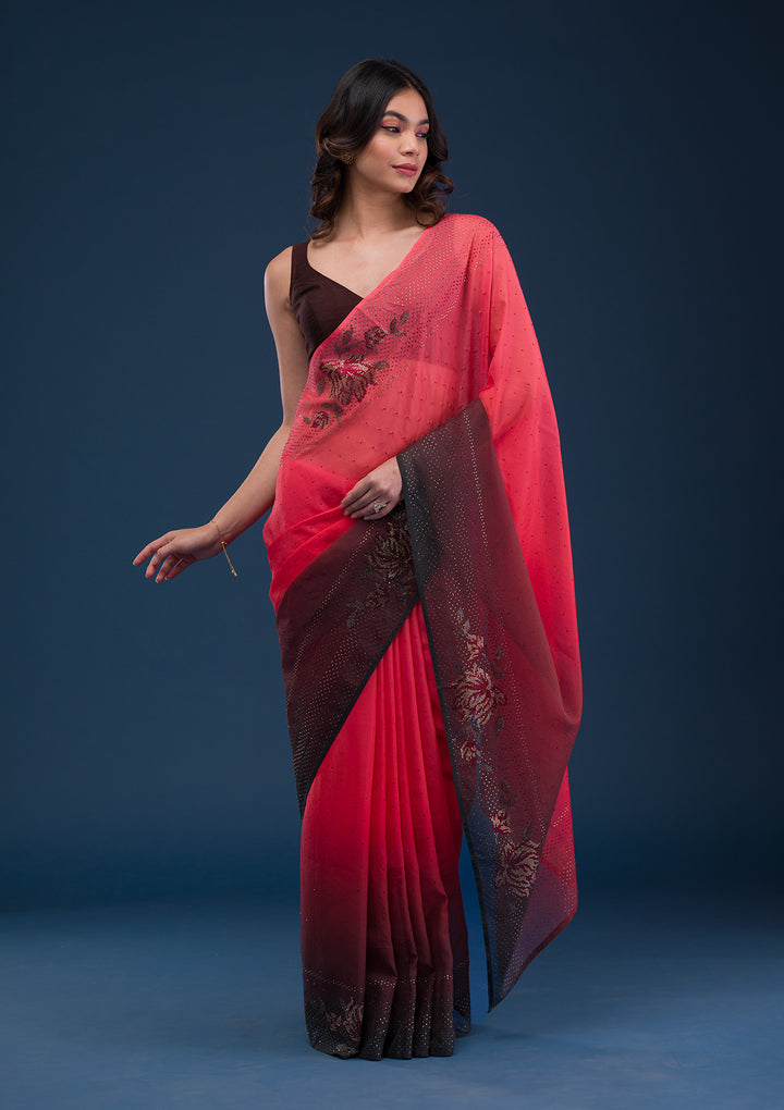 Red Swarovski Satin Saree