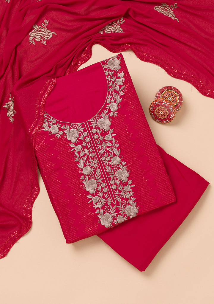 Red Threadwork Semi Crepe Unstitched Salwar Suit