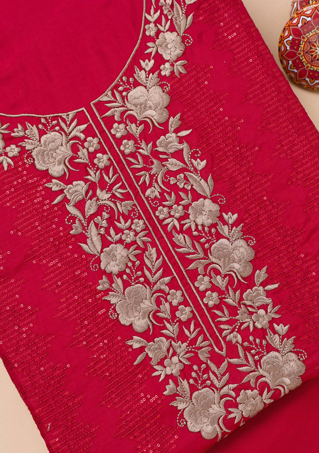 Red Threadwork Semi Crepe Unstitched Salwar Suit