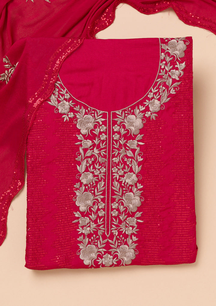 Red Threadwork Semi Crepe Unstitched Salwar Suit