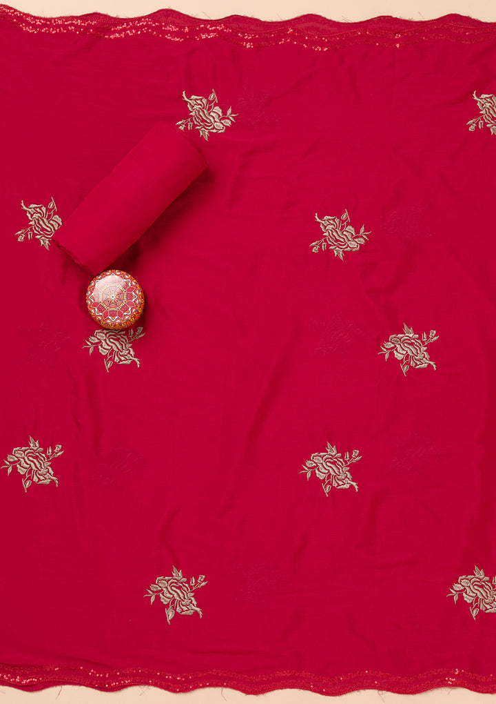 Red Threadwork Semi Crepe Unstitched Salwar Suit