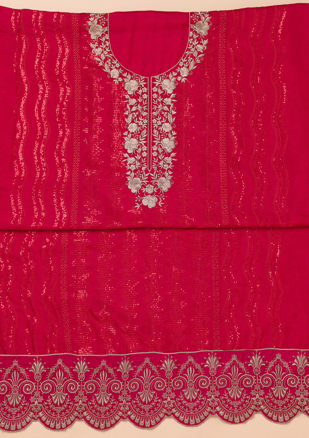 Red Threadwork Semi Crepe Unstitched Salwar Suit