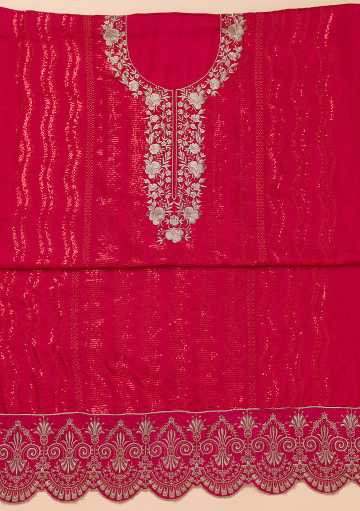 Red Threadwork Semi Crepe Unstitched Salwar Suit