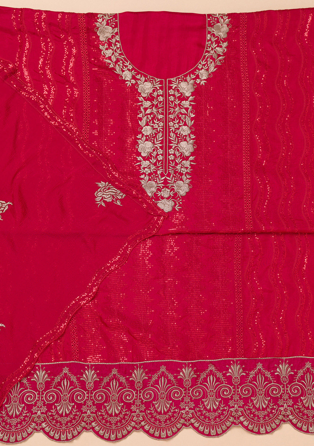 Red Threadwork Semi Crepe Unstitched Salwar Suit