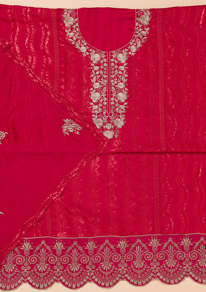 Red Threadwork Semi Crepe Unstitched Salwar Suit