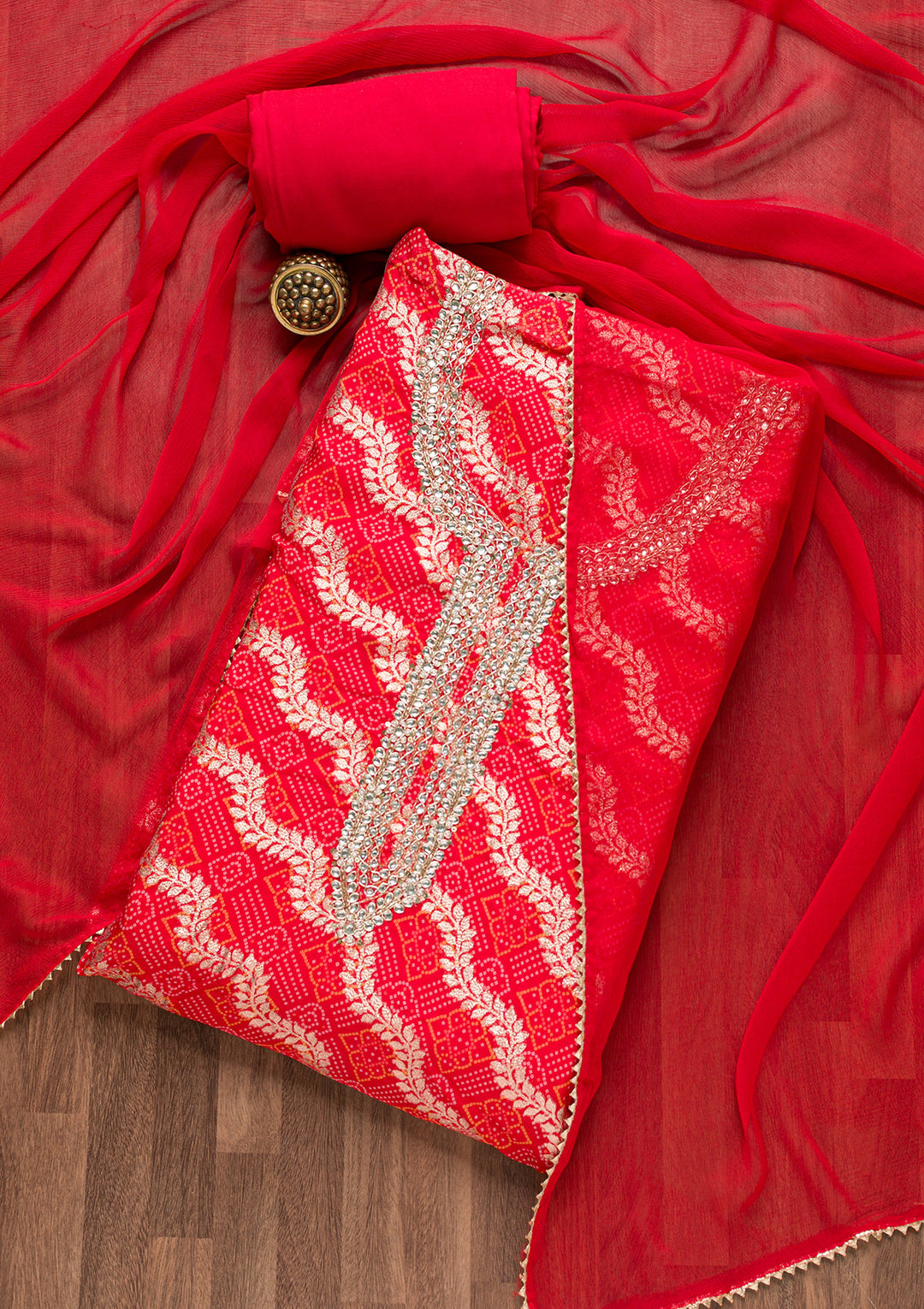 Red Zardosi Bandhini Unstitched Salwar Suit
