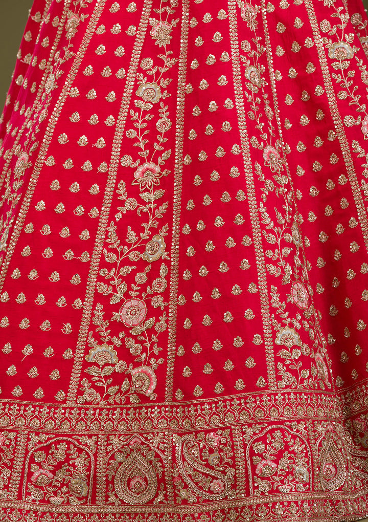 Red Zardosi Raw Silk Semi Stitched Lehenga