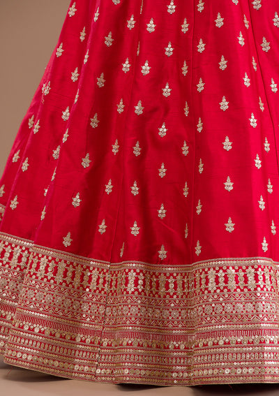 Red Zariwork Raw Silk Semi Stitched Lehenga