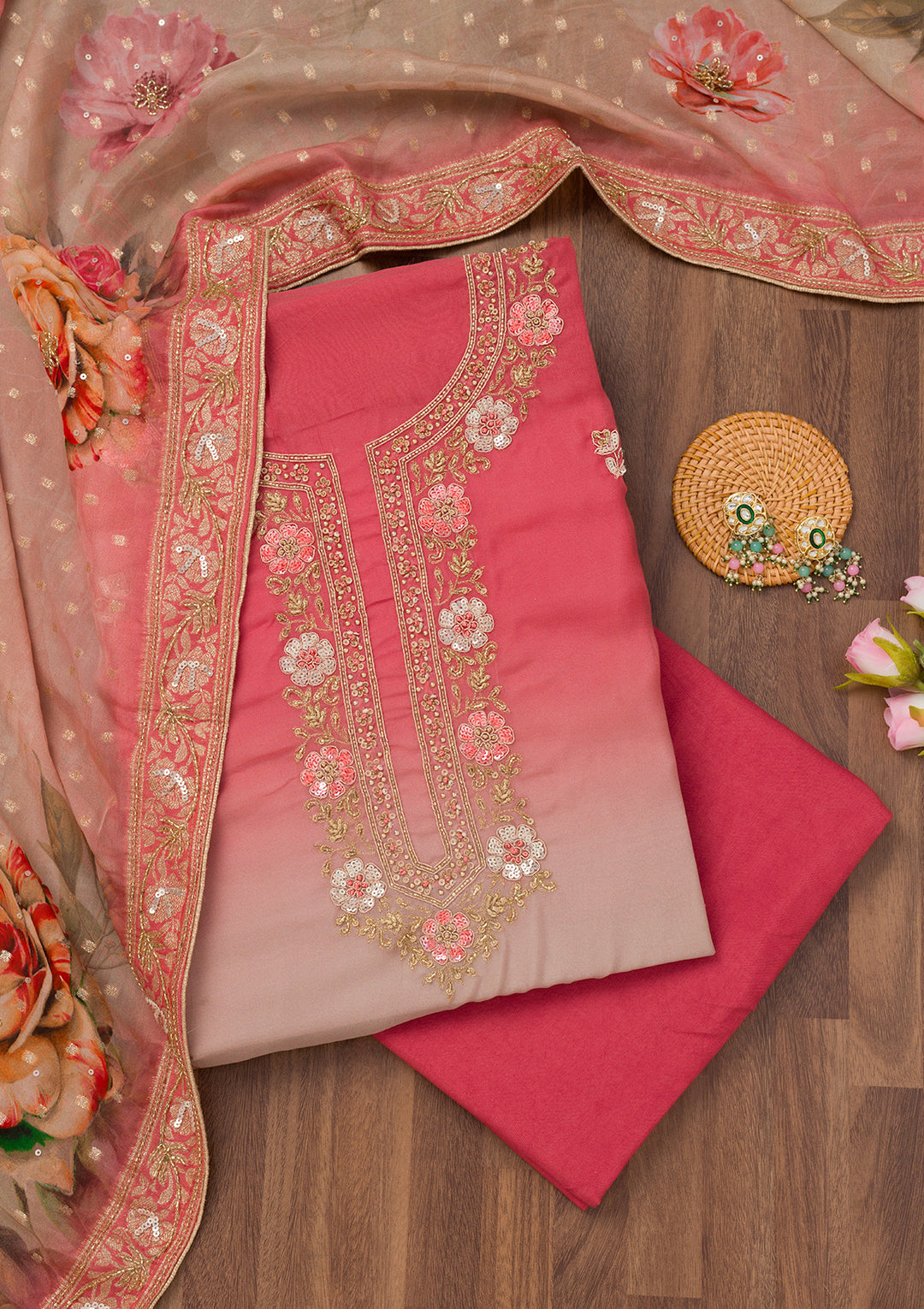 Red Zariwork Semi Crepe Unstitched Salwar Suit