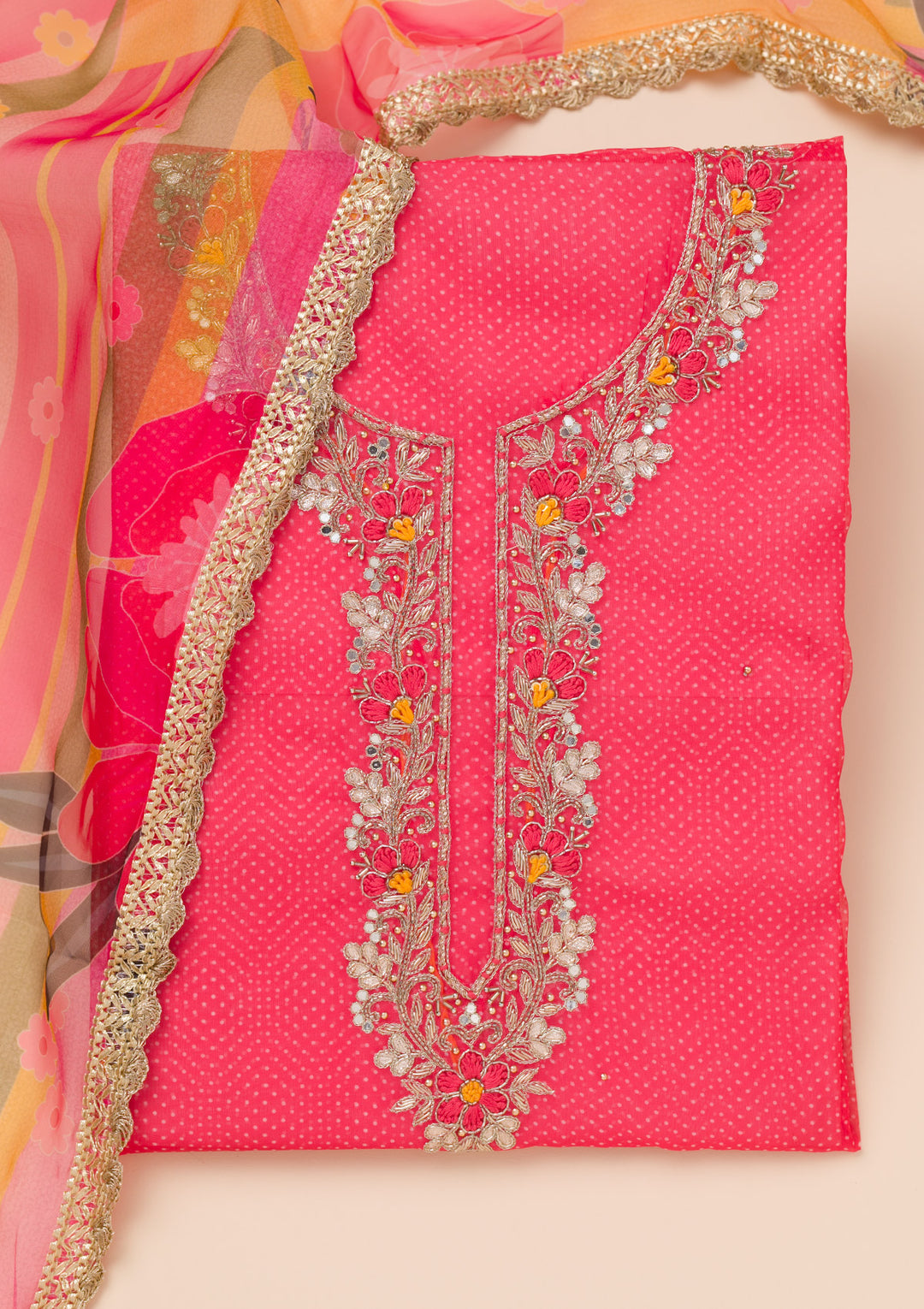 Red Zariwork Tissue Unstitched Salwar Suit