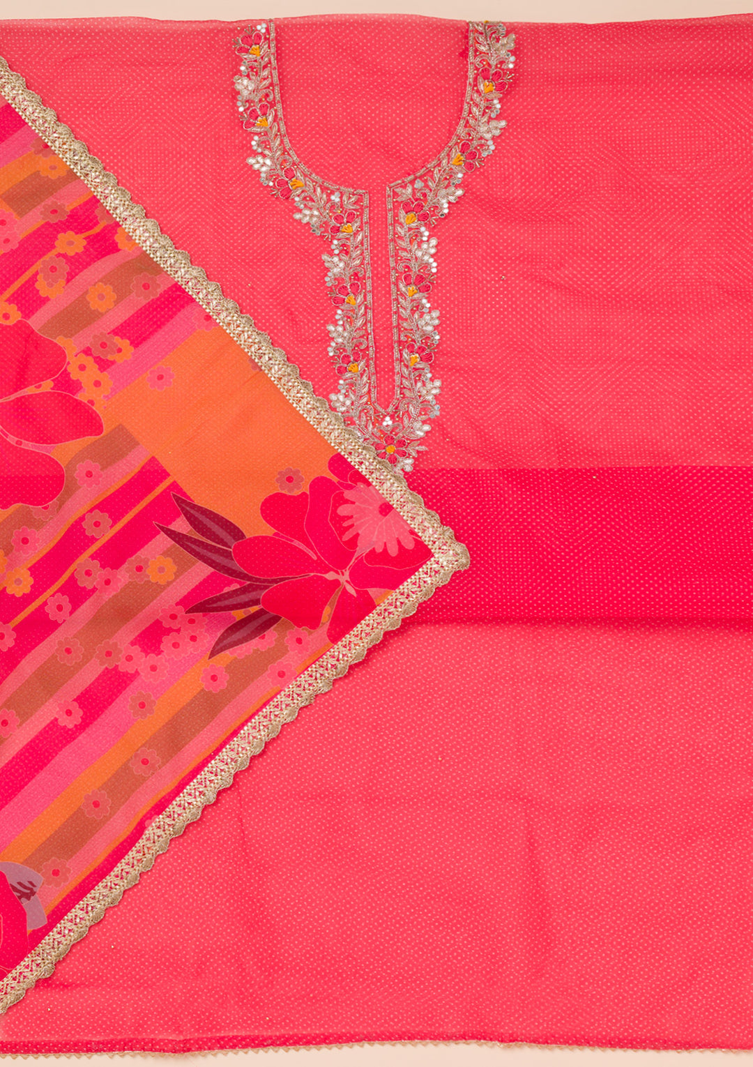 Red Zariwork Tissue Unstitched Salwar Suit