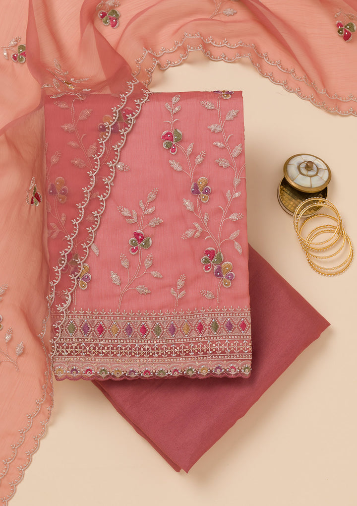 Rust Threadwork Tissue Unstitched Salwar Suit