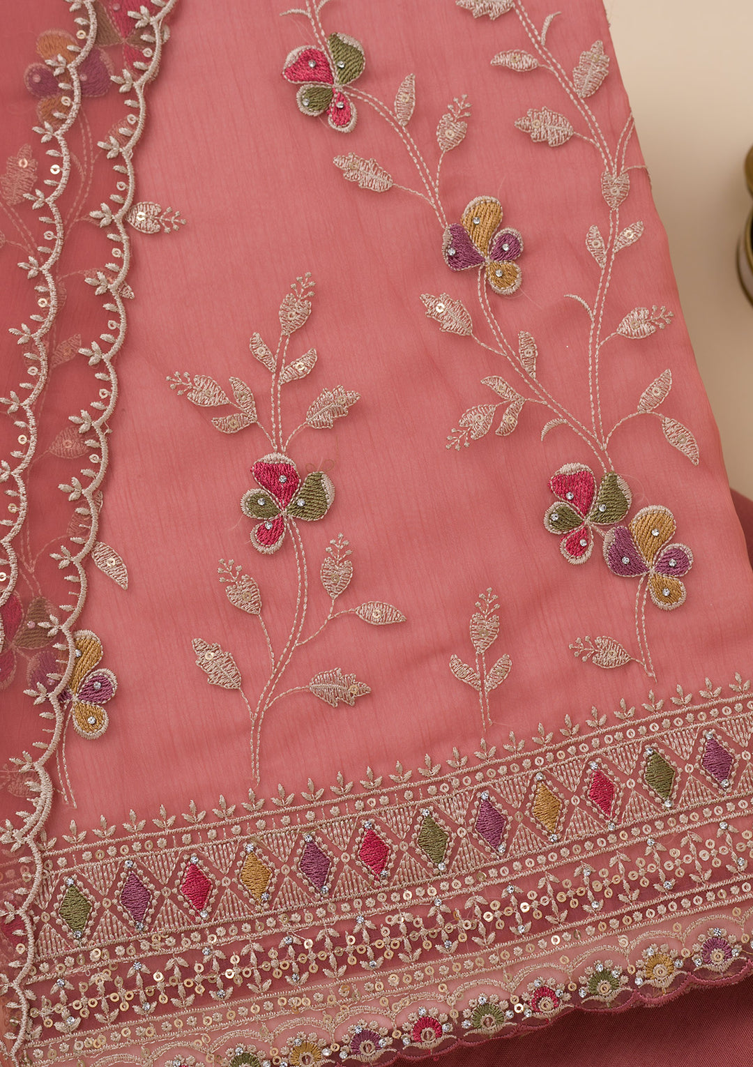 Rust Threadwork Tissue Unstitched Salwar Suit